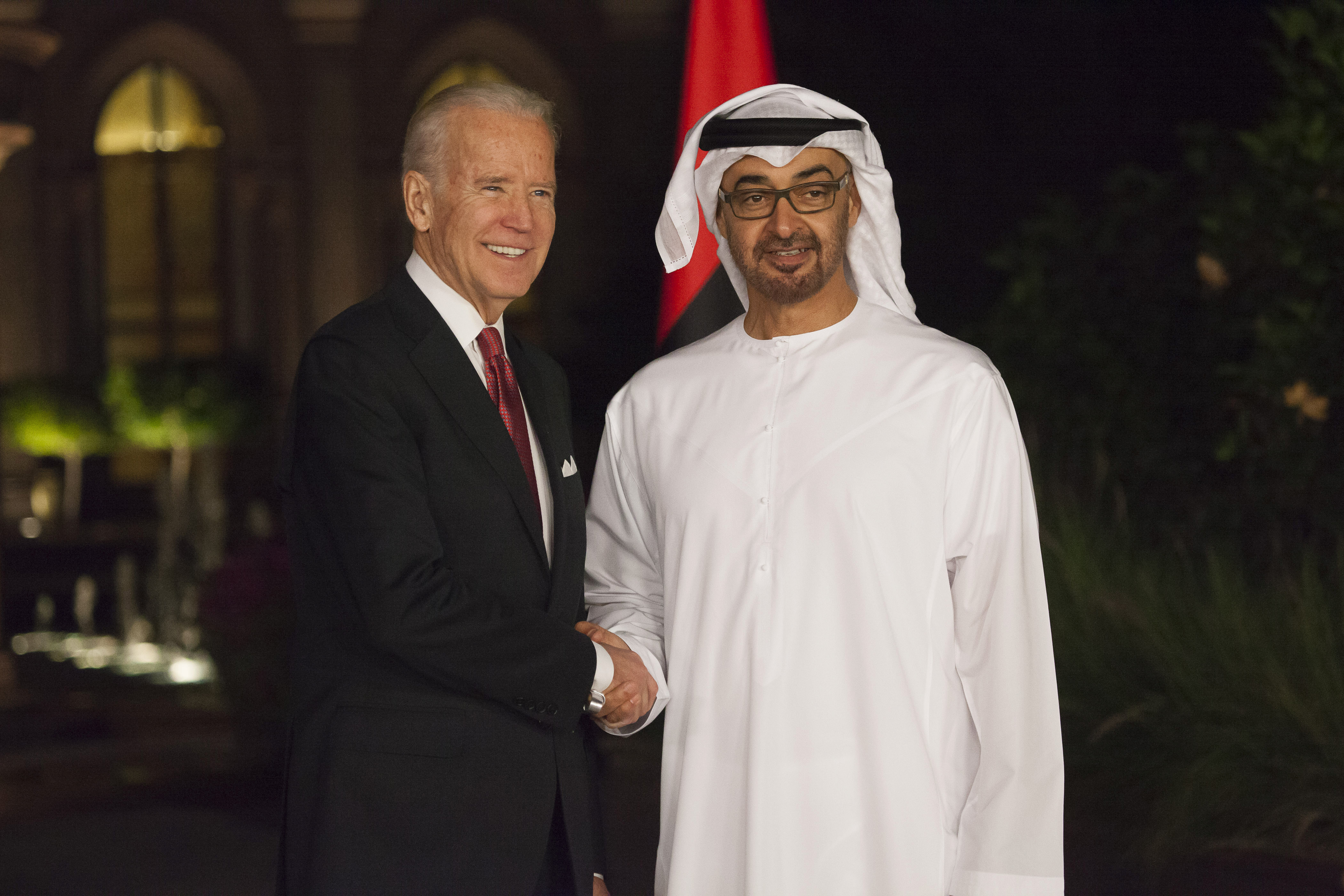 HH Sheikh Mohamed Bin Zayed Al Nahyan shaking hands with American President Joe Biden