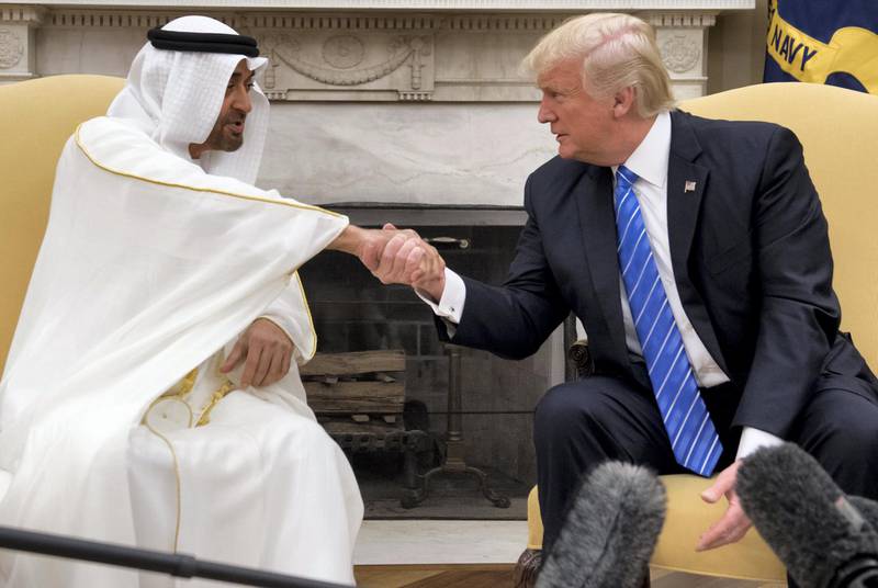HH Sheikh Mohamed Bin Zayed Al Nahyan shaking hands with former American President Donald Trump