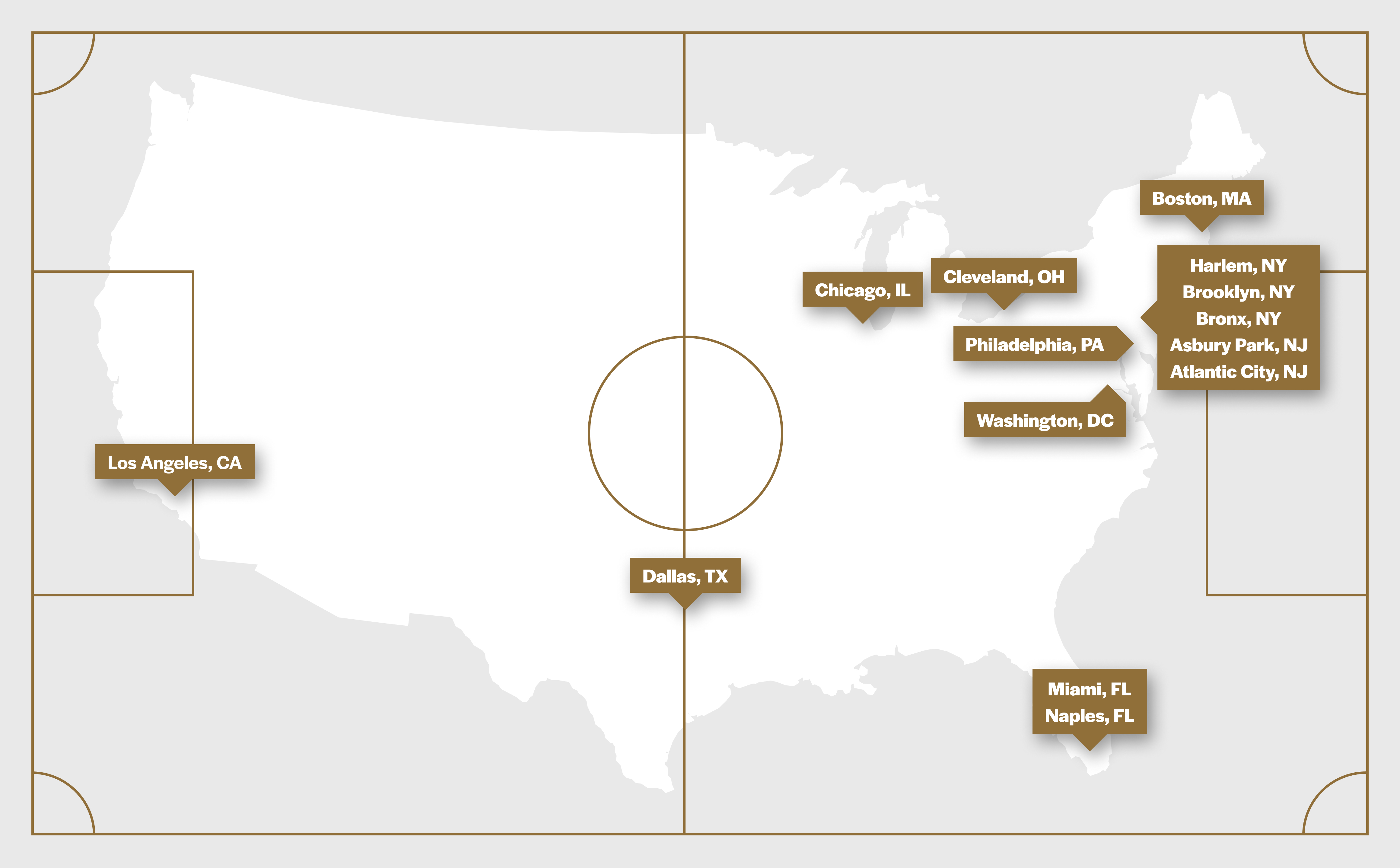 Map of the soccer fields built by the UAE across the US