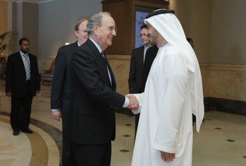 HH Sheikh Abdullah bin Zayed, UAE Minister of Foreign Affairs, greets George Mitchell at the Emirates Palace in Abu Dhabi.