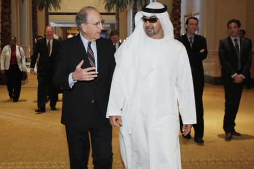 Zayed, Crown Prince of Abu Dhabi and Deputy Supreme Commander of the UAE Armed Forces, talks with George Mitchell, US Special Envoy to the Middle East.