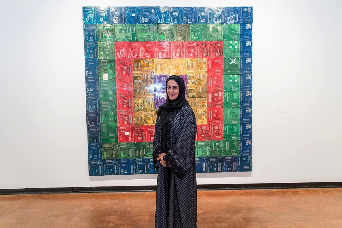 United Arab Emirates artist Shaikha Al Mazrou with her work during the official opening of Past Forward at the Fowler Museum at UCLA. - Jan. 2015