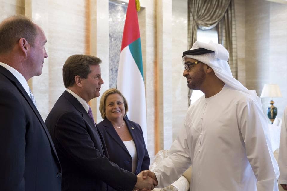 Mohamed bin Zayed and Yousef Al #Otaiba receive #US Congressmen Ileana Ros-Lehtinen, Donald Nocross and Ted Yoho #InAbuDhabi, discuss latest in regional and international developments and various issues of common interests. #UAEUSA Photo Credit: Ryan Carter / Crown Prince Court - Abu Dhabi Nov. 10, 2015