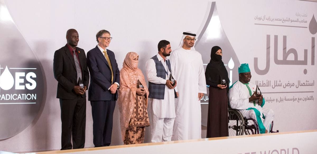  Under the patronage of His Highness Sheikh Mohamed bin Zayed Al Nahyan and in partnership with the Bill & Melinda Gates Foundation, Abu Dhabi Crown Prince, His Highness Sheikh Mohamed bin Zayed and Bill Gates recognized the outstanding efforts of individuals from across the globe who have dedicated themselves to polio eradication at the first Heroes of Polio Eradication Awards. #EndPolioNow #GlobalHealth #UAEUSAhttp