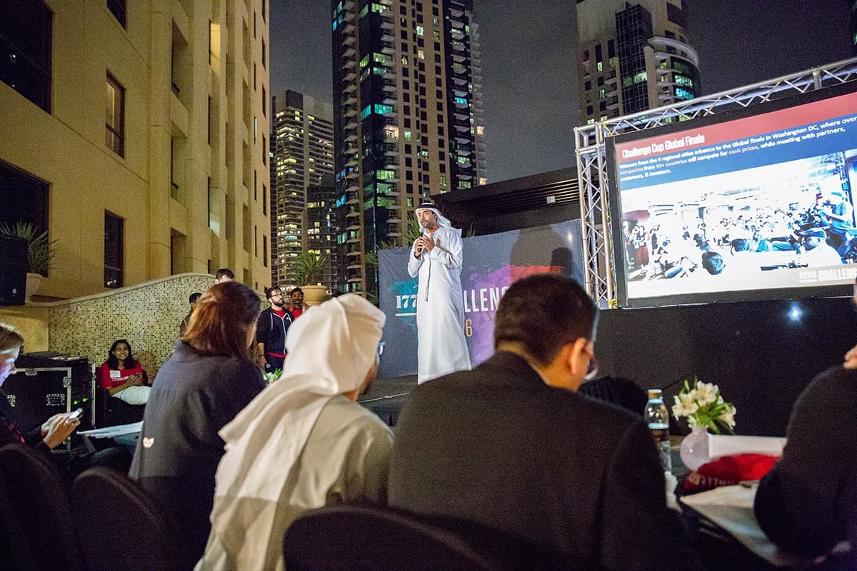 Ruba Al Hassan, Senior Advisor to Ambassador Yousef Al Otaiba and Saud Al Nowais, Commercial Counselor at the UAE Embassy in Washington, DC chosen to participate as judges for ‪#‎US‬ based 1776's Challenge Cup in ‪#‎Dubai‬ where startups from the region competed for a chance to attend the finals in DC.