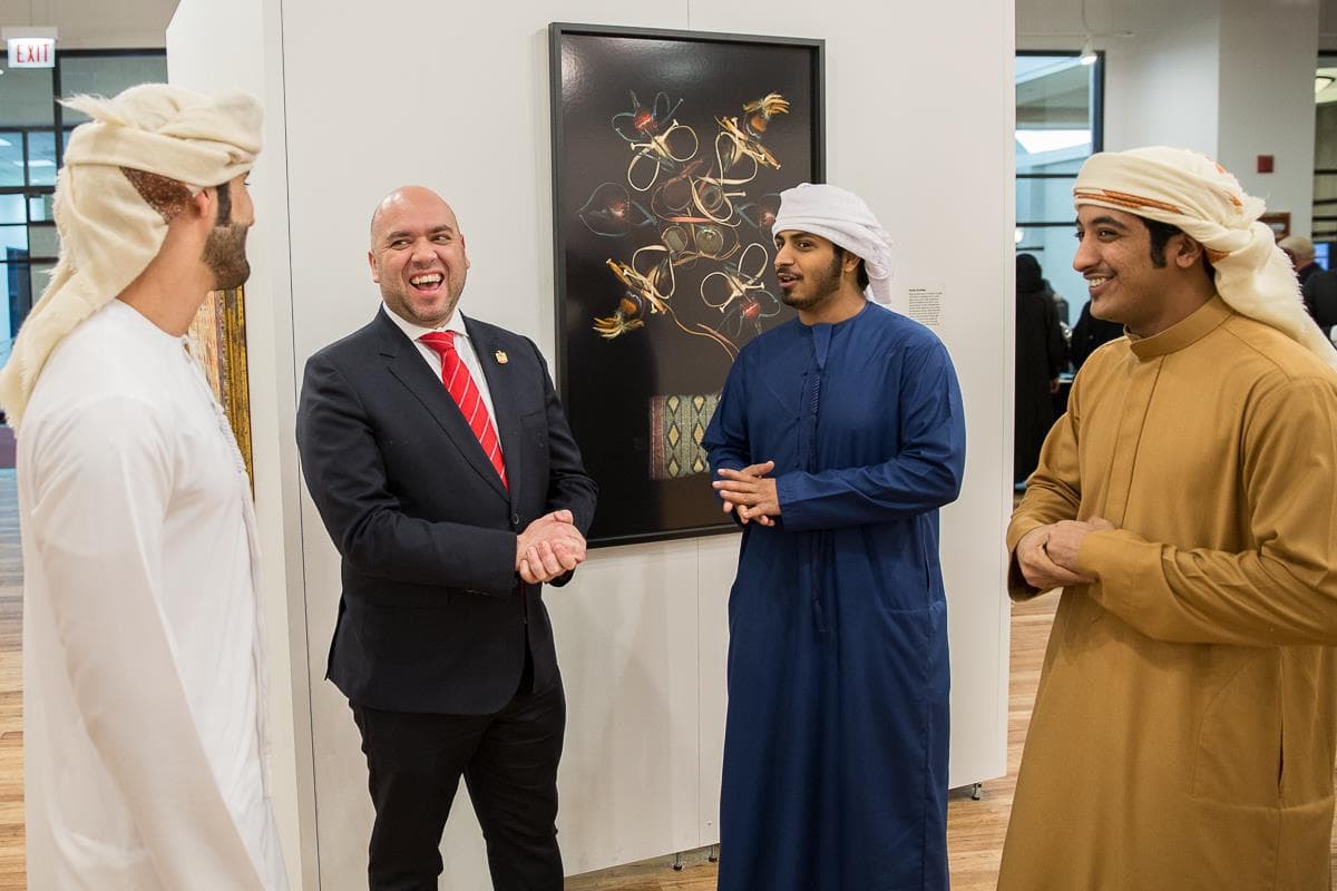 New York City Consulate Consul General, His Excellency Majid Al Suwaidi joins Emirati artists Hamdan Al Shamsi, Alia Lootah, Dana Al Marashi, Head of Heritage and Social Affairs at the UAE Embassy and Co-Curator Noor Al Suwaidi and UAE Embassy Congressional Affairs Officer Fatima Al Mazmi introduce Past Forward, “Contemporary Art from the Emirates” in Chicago