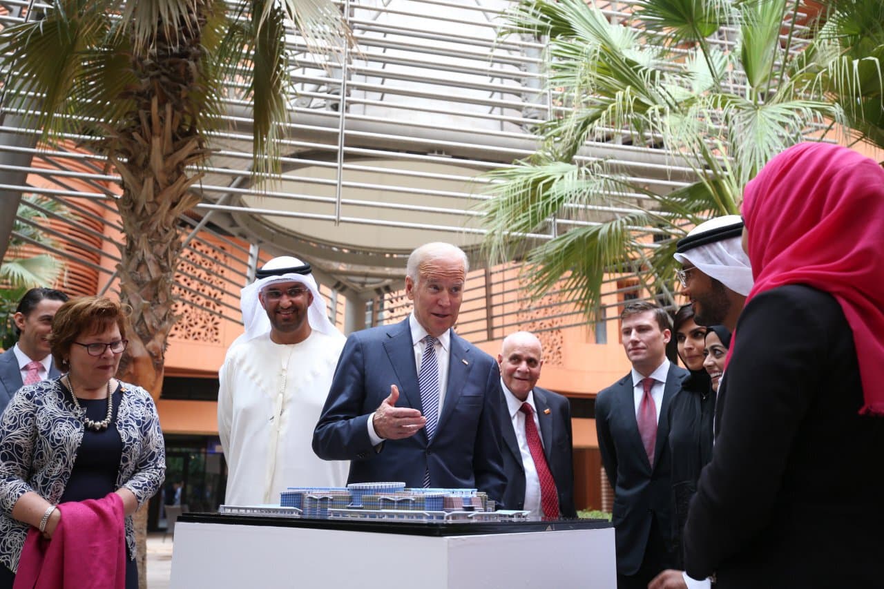 United States Vice President Joe Biden visits Masdar in the United Arab Emirates, the world’s first low carbon city pioneering a “greenprint” for how cities can accommodate rapid urbanization and dramatically reduce energy, water and waste, home to several companies and agencies including the International Renewable Energy Agency (IRENA).