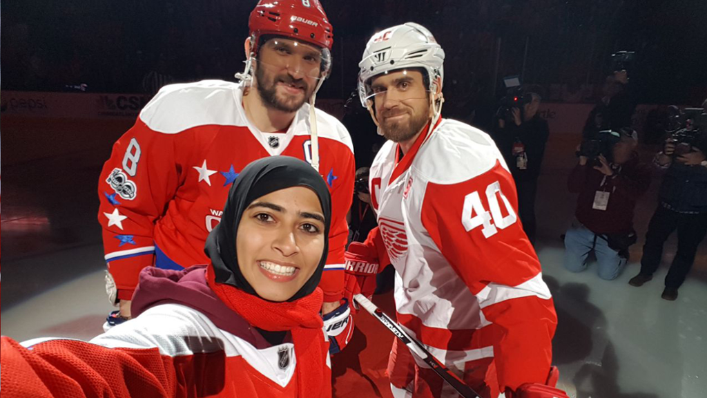 #Emirati hockey sensation, Fatima Al Ali takes a selfie with her favorite Washington #Capitals player, Alex Ovechkin after dropping the game puck at the Verizon Center in Washington, #DC. #UAEUSA