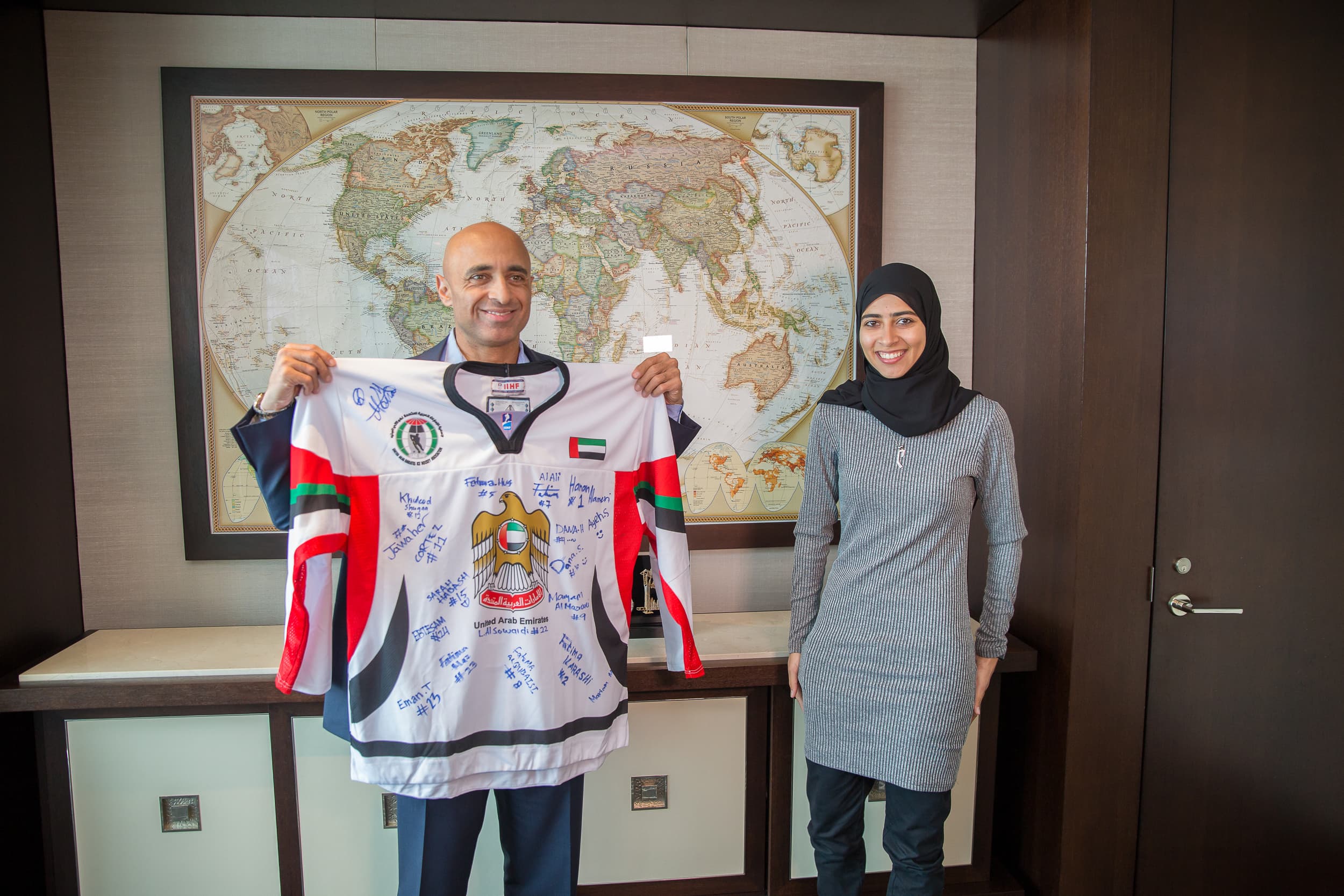 #Emirati #hockey player, Fatima Al Ali stopped by the embassy in Washington, #DC to present Ambassador Yousef Al #Otaiba with a jersey signed by Fatima's team members and to discuss the expanding role #UAE women are playing in a wide range of sports, physical fitness, training and coaching. #UAEUSA #Caps #NHL #Etihad