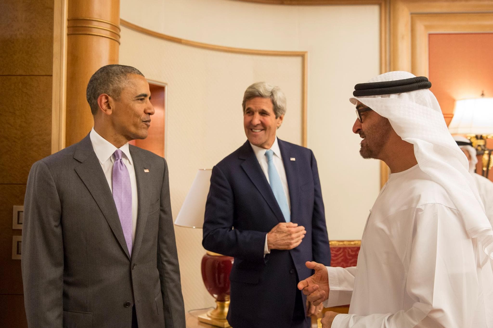 His Highness Sheikh Mohamed bin Zayed Al Nahyan, Crown Prince of Abu Dhabi and Deputy Supreme Commander of the UAE Armed Forces meets with United States President Barack Obama and Secretary of State John Kerry in Riyadh Saudi Arabia - April, 2016