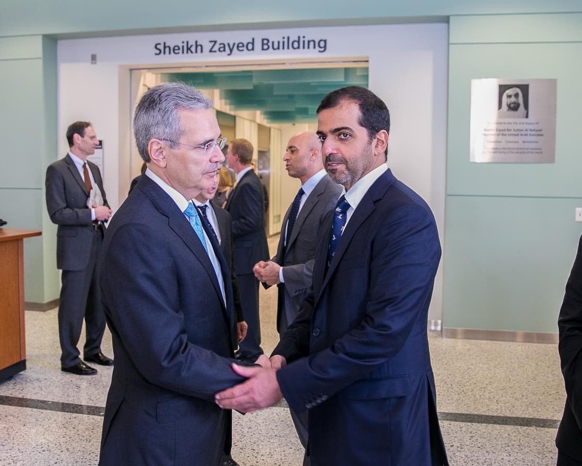 His Highness Sheikh Hamed bin Zayed Al Nahyan and Ambassador Yousef Al Otaiba attend dedication of the new state-of-the-art Sheikh Zayed Al bin Sultan Nahyan Center for Pancreatic Cancer Research at MD Anderson in Houston, delivering on the promise of personalized cancer care through a generous gift from UAE's Khalifa bin Zayed Foundation and the people of the United Arab Emirates.