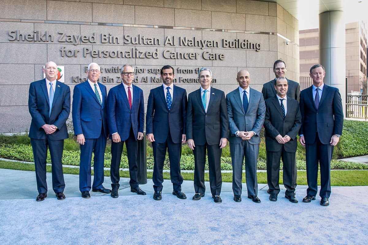 His Highness Sheikh Hamed bin Zayed Al Nahyan and Ambassador Yousef Al Otaiba attend dedication of the new state-of-the-art Sheikh Zayed Al bin Sultan Nahyan Center for Pancreatic Cancer Research at MD Anderson in Houston, delivering on the promise of personalized cancer care through a generous gift from UAE's Khalifa bin Zayed Foundation and the people of the United Arab Emirates.