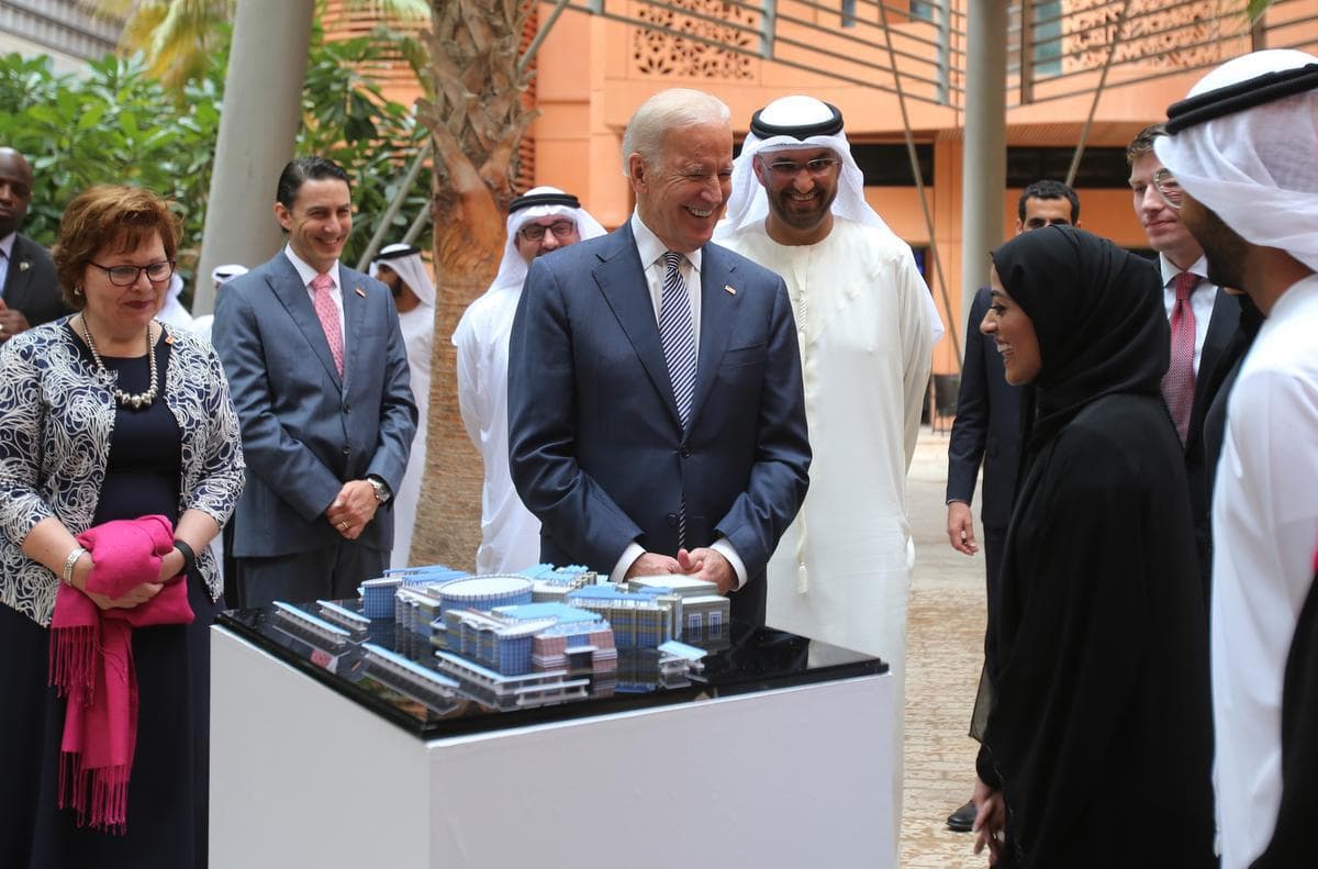 United States Vice President Joe Biden visits Masdar in the United Arab Emirates, the world’s first low carbon city pioneering a “greenprint” for how cities can accommodate rapid urbanization and dramatically reduce energy, water and waste, home to several companies and agencies including the International Renewable Energy Agency (IRENA).