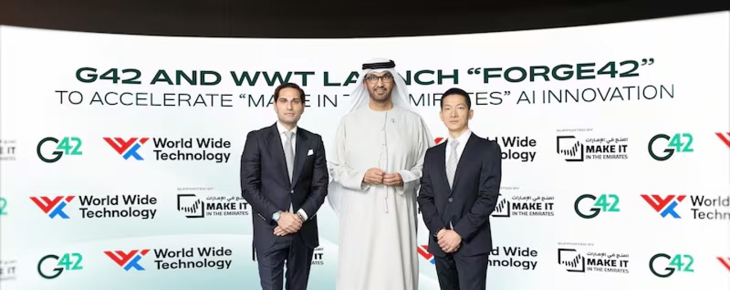 Dr Sultan Al Jaber, Minister of Industry and Advanced Technology, at the launch of Forge42 with Peng Xiao, group chief executive of G42, right, and Omar Mir, international board member of WWT, during the Make it in the Emirates forum in Abu Dhabi. Photo: G42