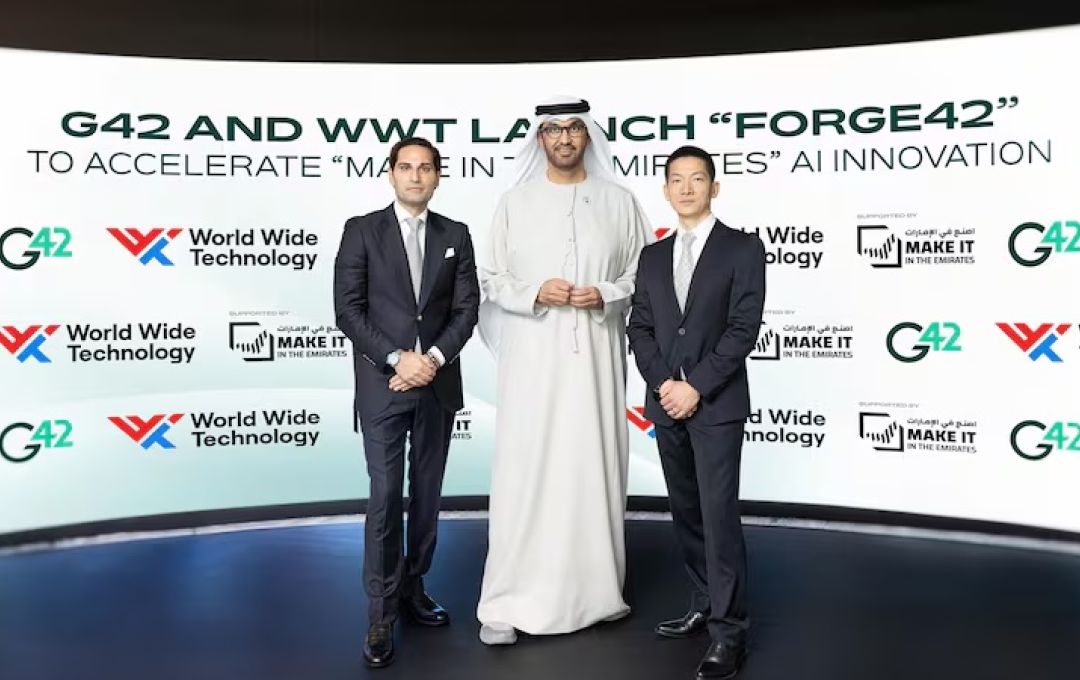 Dr Sultan Al Jaber, Minister of Industry and Advanced Technology, at the launch of Forge42 with Peng Xiao, group chief executive of G42, right, and Omar Mir, international board member of WWT, during the Make it in the Emirates forum in Abu Dhabi. Photo: G42
