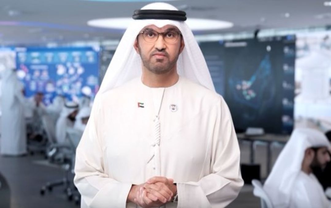 Dr Sultan Al Jaber, Minister of Industry and Advanced Technology, at the launch of Forge42 with Peng Xiao, group chief executive of G42, right, and Omar Mir, international board member of WWT, during the Make it in the Emirates forum in Abu Dhabi. Photo: G42